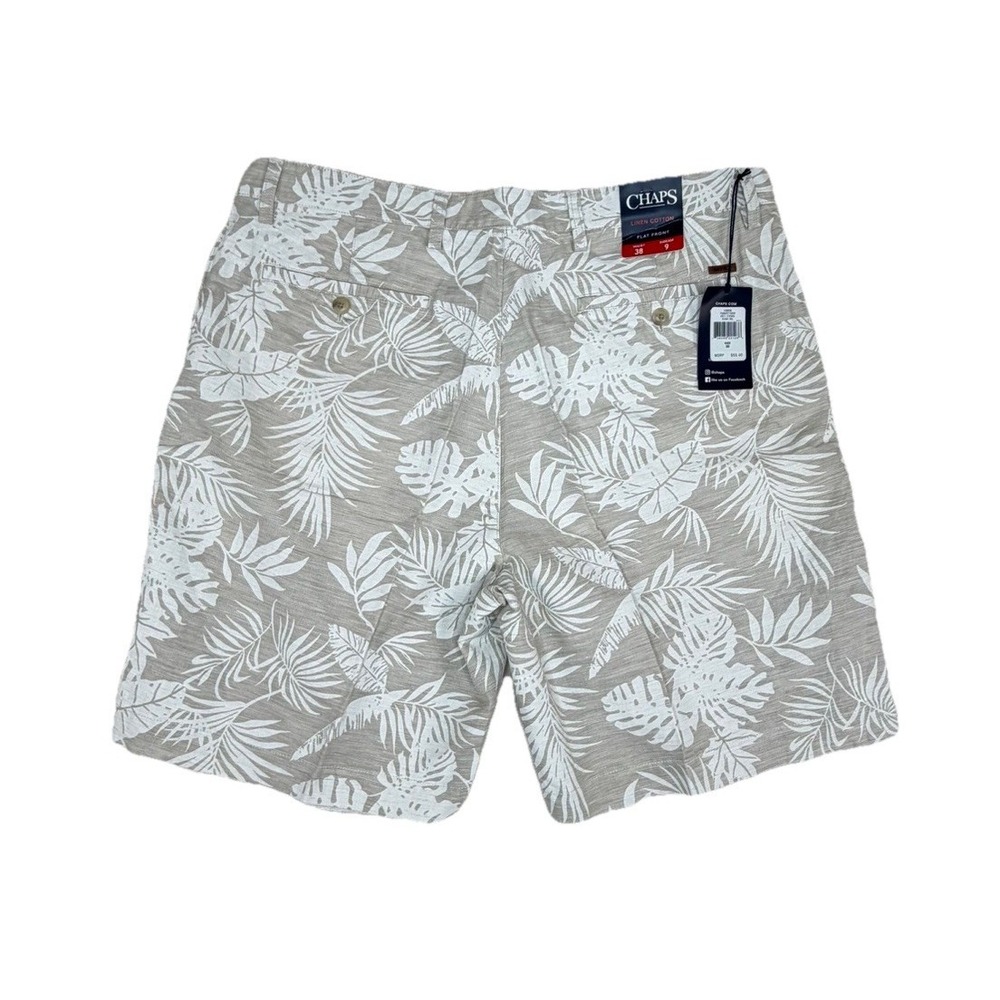 New CHAPS Shorts Men's Sz 38 Beige Linen Blend Flat Front Floral Hawaiian 9" NWT
